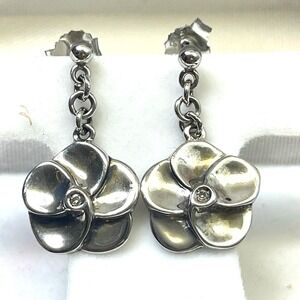 Sterling Silver‎ 925 Flower Jewelry Set Necklace Earrings Diamond Center Gift